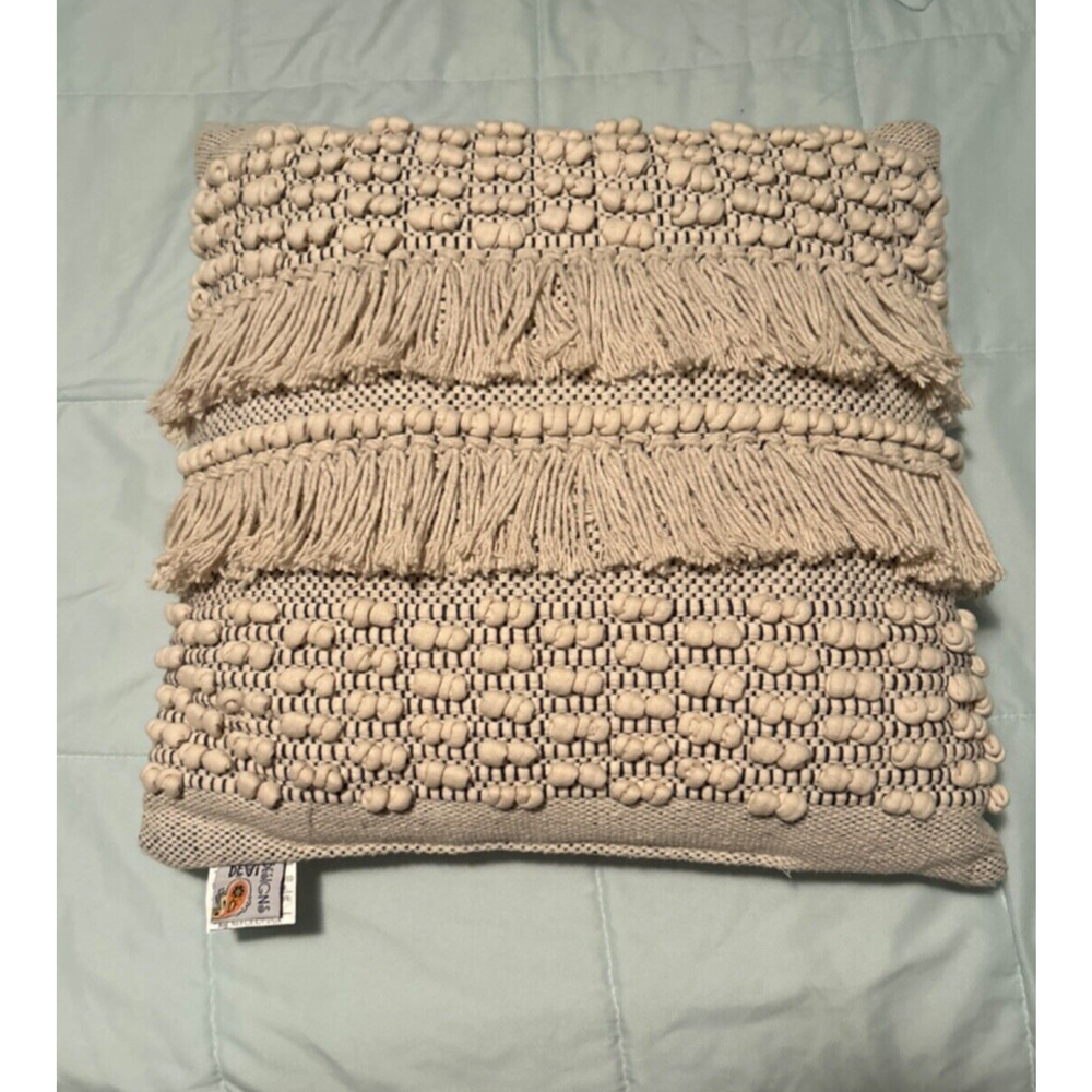 Devi Designs Macrame Boho Accent Pillow- cream and blue- 22” x 22”